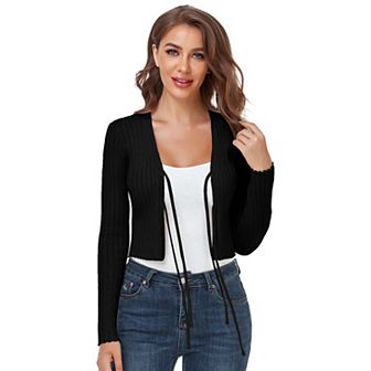 Cropped Cardigan For Women Casual V Neck Knitted Tie Up Open Front Shrug Sweater