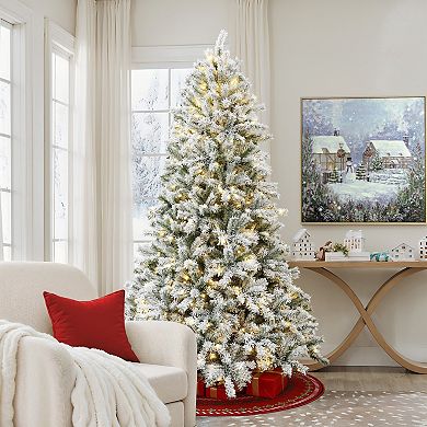 LuxenHome 7.5ft Pre-lit Snow Flocked Full Fir Artificial Christmas Tree