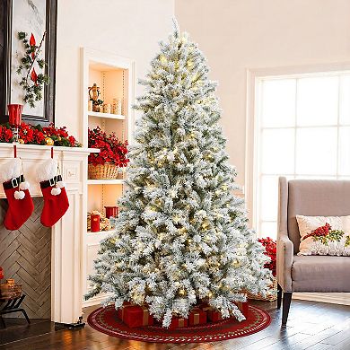 LuxenHome 7.5ft Pre-lit Snow Flocked Full Fir Artificial Christmas Tree