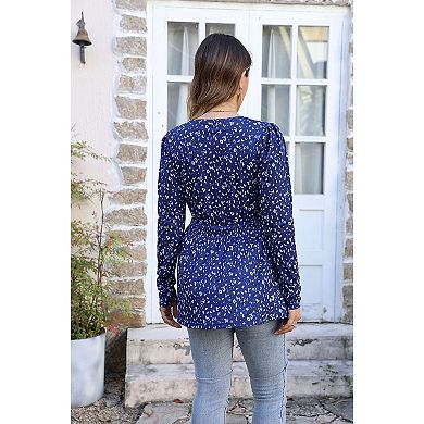 Maternity Shirts Women's V Neck Floral Maternity Tops Smocked Ruffle Hem Tunic Blouse For Women