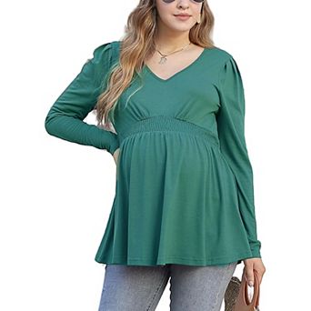 Maternity Shirts Women's V Neck Floral Maternity Tops Smocked Ruffle Hem Tunic Blouse For Women