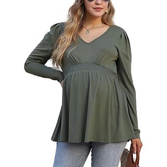 Maternity Shirts Women's V Neck Floral Maternity Tops Smocked Ruffle Hem Tunic Blouse For Women