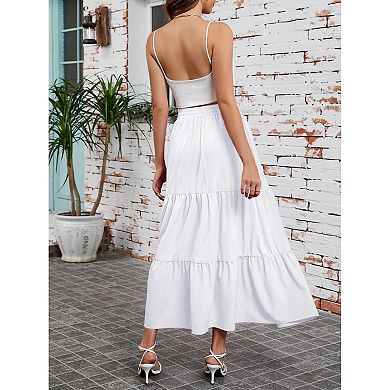 Women Maxi Skirt Boho Elastic High Waist Pleated A-line Flowy Ruffle Swing Tiered Long Beach Skirt