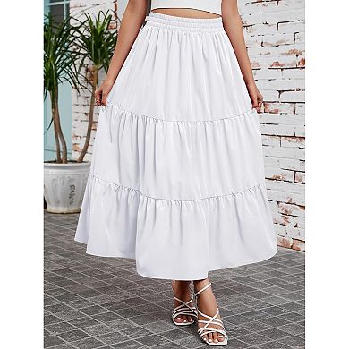 Women Maxi Skirt Boho Elastic High Waist Pleated A-line Flowy Ruffle Swing Tiered Long Beach Skirt