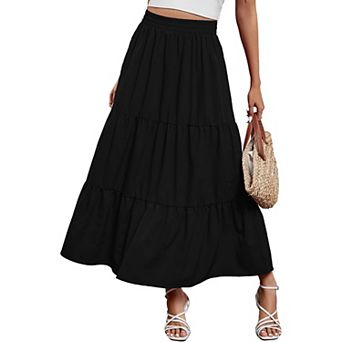 Women Maxi Skirt Boho Elastic High Waist Pleated A-line Flowy Ruffle Swing Tiered Long Beach Skirt