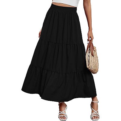 Women Maxi Skirt Boho Elastic High Waist Pleated A-line