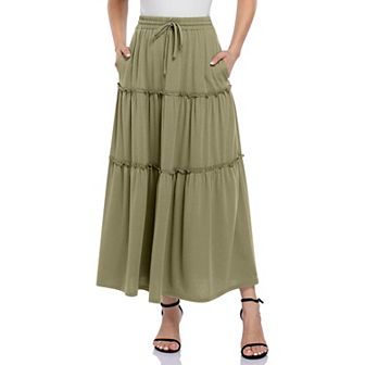 Women Maxi Skirt Boho Elastic High Waist Pleated A-line Flowy Ruffle Swing Tiered Long Beach Skirt