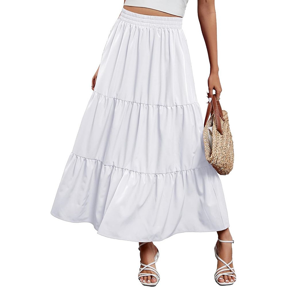 Women Maxi Skirt Boho Elastic High Waist Pleated A-line Flowy