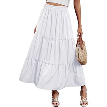 Women Maxi Skirt Boho Elastic High Waist Pleated A-line Flowy Ruffle Swing Tiered Long Beach Skirt