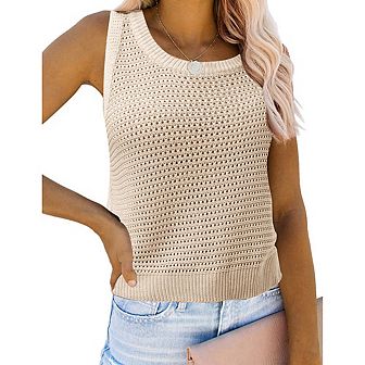 Womens Knit Sweater Vest Summer Tank Tops Round Neck Crochet Hollow Out Sleeveless Crop Top