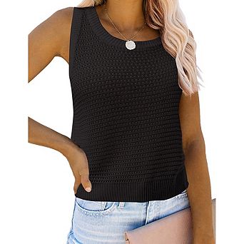 Womens Knit Sweater Vest Summer Tank Tops Round Neck Crochet Hollow Out Sleeveless Crop Top
