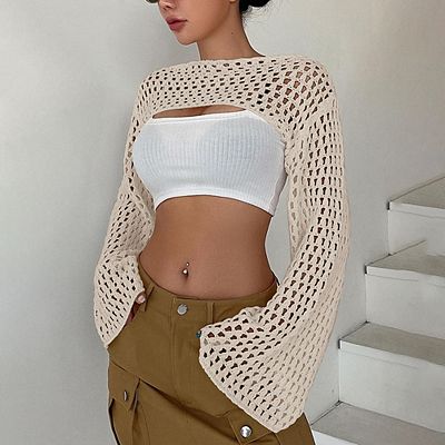 Womens Cropped Sweater Crochet Knit Crop Tops See Through Y2k Knit