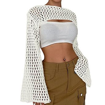 Womens Cropped Sweater Crochet Knit Crop Tops See Through Y2k Knit Sweater Beach Cover Ups