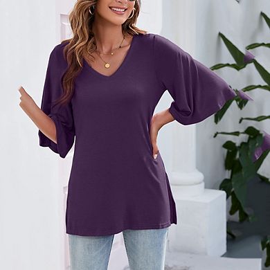 Women's Blouse Tops 3/4 Bell Sleeve Loose V Neck Shirt Dressy