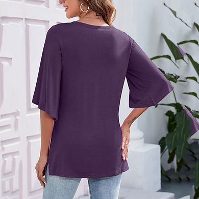 Women's Blouse Tops 3/4 Bell Sleeve Loose V Neck Shirt Dressy
