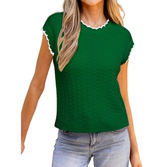 Womens Cap Sleeve Sweater Vest Crewneck Short Sleeve Sweaters Trendy Casual Knit Tops