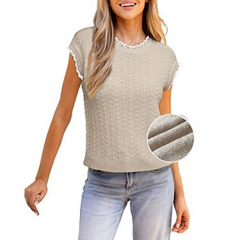 Womens Cap Sleeve Sweater Vest Crewneck Short Sleeve Sweaters Trendy Casual Knit Tops