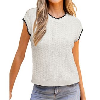 Womens Cap Sleeve Sweater Vest Crewneck Short Sleeve Sweaters Trendy Casual Knit Tops