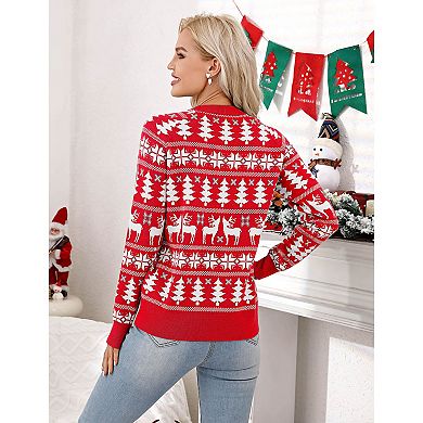 Family Christmas Sweater Reindeer Snowflake Pattern Crew Neck Holiday Pullover Knitwear