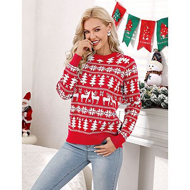 Family Christmas Sweater Reindeer Snowflake Pattern Crew Neck Holiday Pullover Knitwear