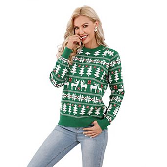 Family Christmas Sweater Reindeer Snowflake Pattern Crew Neck Holiday Pullover Knitwear