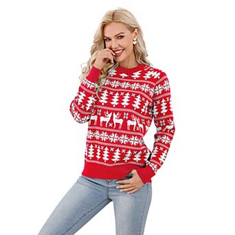 Family Christmas Sweater Reindeer Snowflake Pattern Crew Neck Holiday Pullover Knitwear