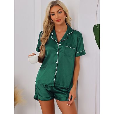 Women's Satin Pajama Set 2 Piece Short Sleeve Sleepwear Silky Ruffle Shorts Fashion Lounge Sets
