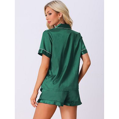 Women's Satin Pajama Set 2 Piece Short Sleeve Sleepwear Silky Ruffle Shorts Fashion Lounge Sets