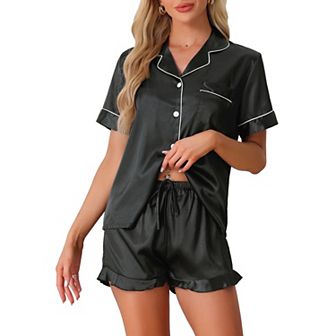 Women's Satin Pajama Set 2 pc Short Sleeve Sleepwear Silky Ruffle Shorts Fashion Lounge Sets