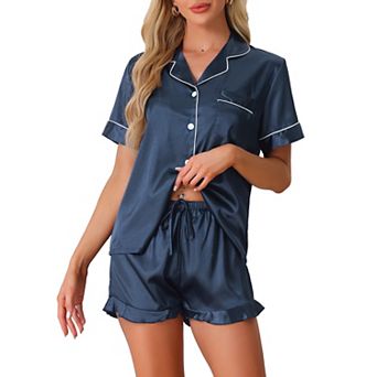 Women's Satin Pajama Set 2 pc Short Sleeve Sleepwear Silky Ruffle Shorts Fashion Lounge Sets