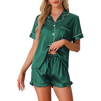 Women's Satin Pajama Set 2 pc Short Sleeve Sleepwear Silky Ruffle Shorts Fashion Lounge Sets