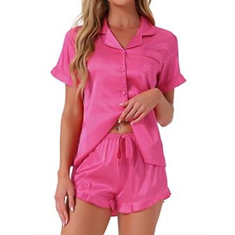 Women's Satin Pajama Set 2 pc Short Sleeve Sleepwear Silky Ruffle Shorts Fashion Lounge Sets