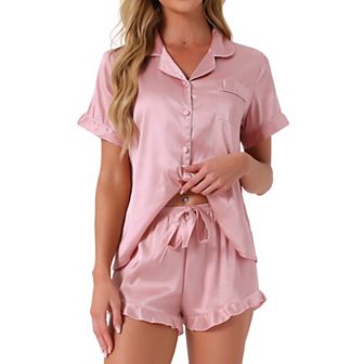 Women's Satin Pajama Set 2 pc Short Sleeve Sleepwear Silky Ruffle Shorts Fashion Lounge Sets