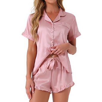 Women's Satin Pajama Set 2 pc Short Sleeve Sleepwear Silky Ruffle Shorts Fashion Lounge Sets