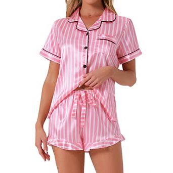 Women's Satin Pajama Set 2 pc Short Sleeve Sleepwear Silky Ruffle Shorts Fashion Lounge Sets