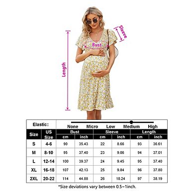 Women's Maternity Short Sleeve Ruffle Dress V Neck Summer Casual Smocked Flowy Midi Dress