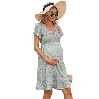Women's Maternity Short Sleeve Ruffle Dress V Neck Summer Casual Smocked Flowy Midi Dress