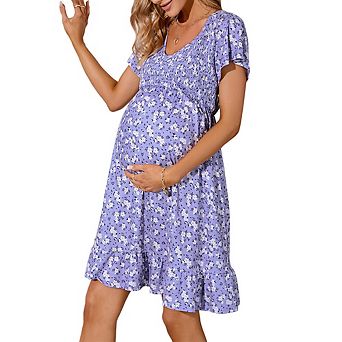 Women's Maternity Short Sleeve Ruffle Dress V Neck Summer Casual Smocked Flowy Midi Dress