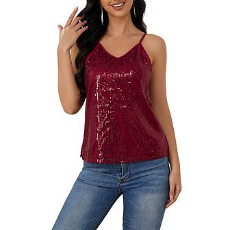 Womens Sequin Tank Tops Casual Fashion V Neck Strappy Sequin Sparkle Shimmer Sleeveless Camisole