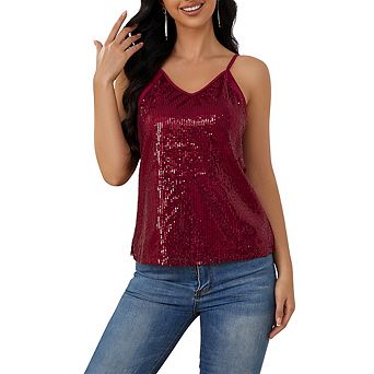 Womens Sequin Tank Tops Casual Fashion V Neck Strappy Sequin Sparkle Shimmer Sleeveless Camisole