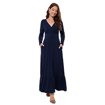 Womens Summer Sleeveless Deep V Neck Dress Ruffles Long Maxi Casual Dresses For Women With Pockets
