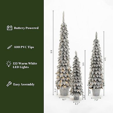 LuxenHome 3-piece Snow-flocked Slim Artificial Tree Set With Battery Operated Lights