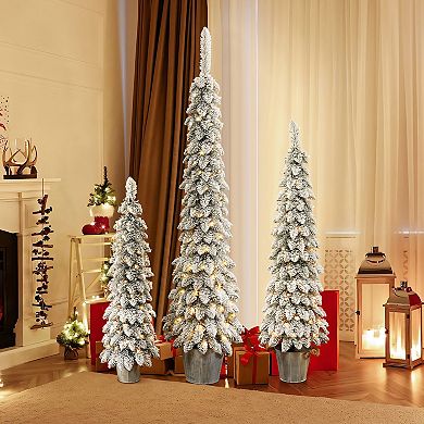 LuxenHome 3-piece Snow-flocked Slim Artificial Tree Set With Battery Operated Lights