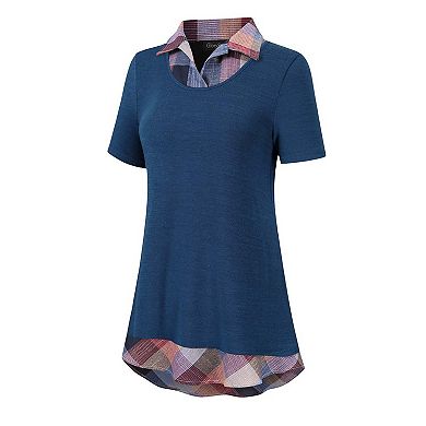 Women's Long Sleeve Contrast Collared Shirts Patchwork Work Blouse Tunics Tops