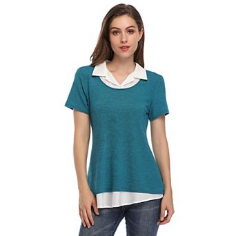 Women's Long Sleeve Contrast Collared Shirts Patchwork Work Blouse Tunics Tops