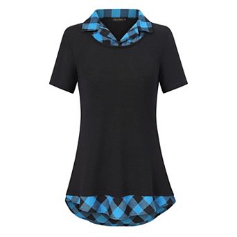 Women's Long Sleeve Contrast Collared Shirts Patchwork Work Blouse Tunics Tops