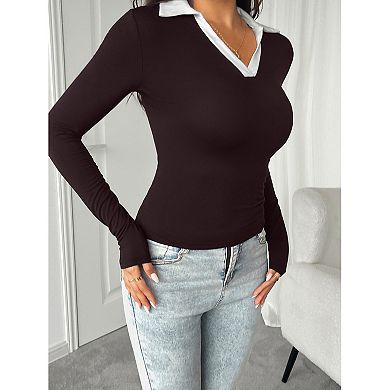 Women's Long Sleeve Color Block Tops V Neck Collared Work Polo Shirt Slim Fit Basic Shirt
