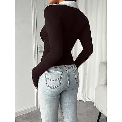 Women's Long Sleeve Color Block Tops V Neck Collared Work Polo Shirt Slim Fit Basic Shirt