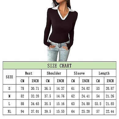 Women's Long Sleeve Color Block Tops V Neck Collared Work Polo Shirt Slim Fit Basic Shirt