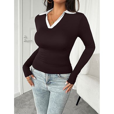 Women's Long Sleeve Color Block Tops V Neck Collared Work Polo Shirt Slim Fit Basic Shirt